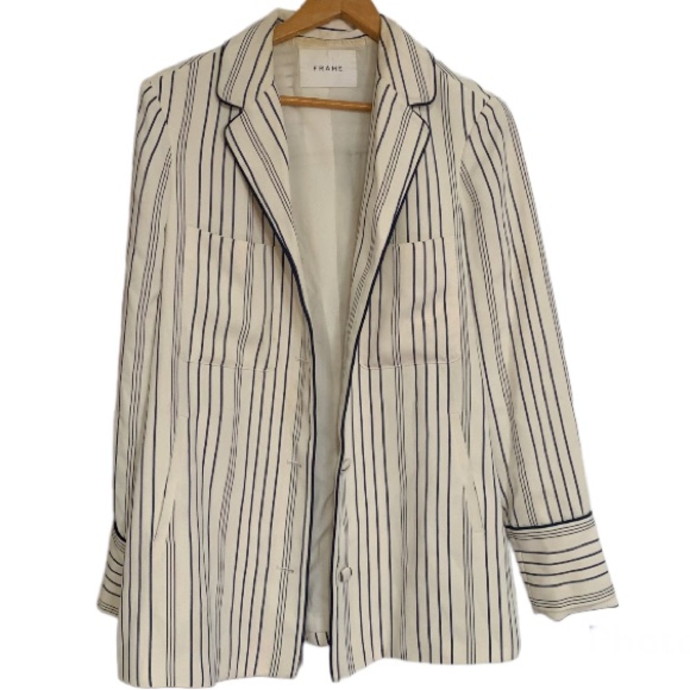 FRAME Denim Perfect White and Blue Stripe Blazer Suit Button Closure Size Small
